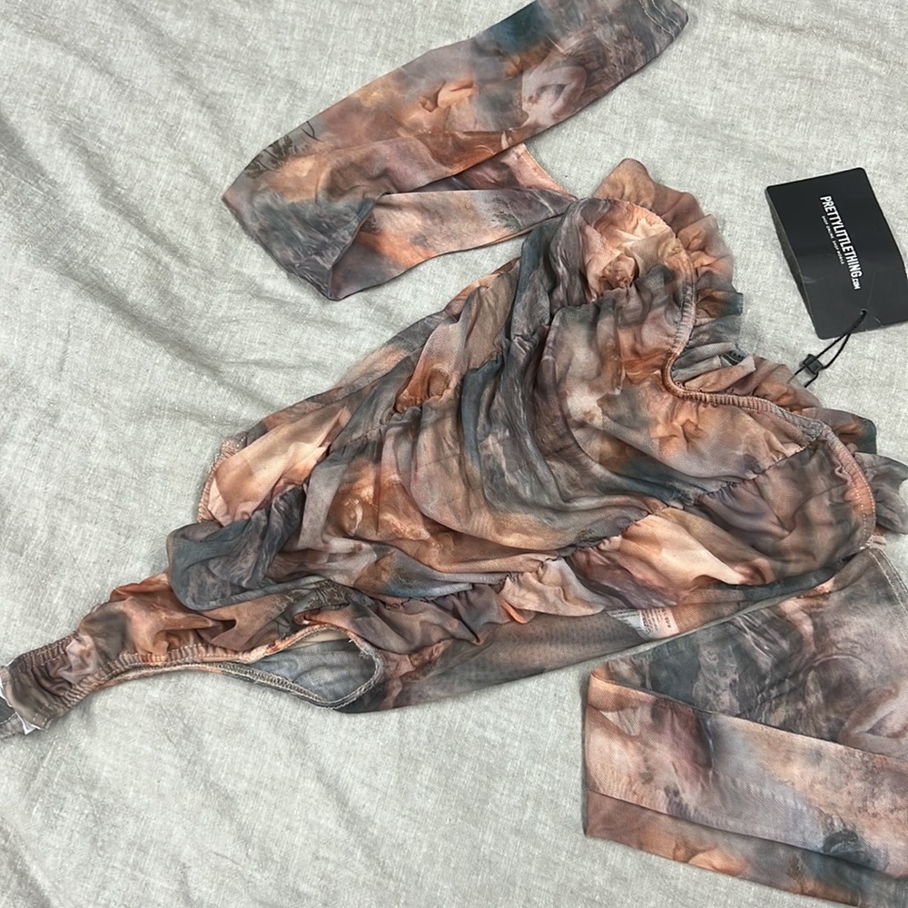 NWT Pretty Little Thing Meshed ruched Bardot bodysuit